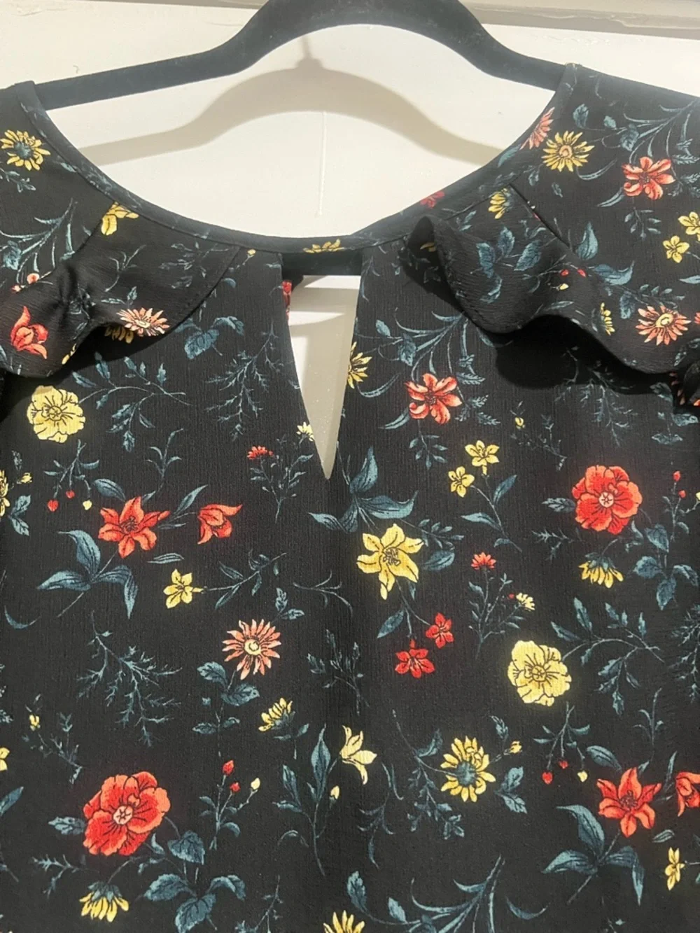 Floral Ruffle A-Line Dress in Black with Red & Yellow Flowers - Picture 3 of 6